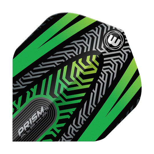 Vols standard Winmau Prism Alpha Noir Vert n° 2 Das Bild zeigt ein Winmau Prism Alpha Schwarz Grün No2 Standard Flight. Das Design ist schwarz mit grünen und silbernen Mustern sowie dem Winmau-Logo.