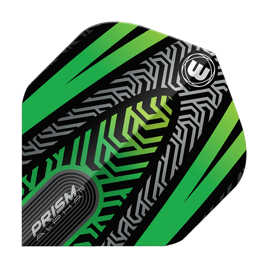 Vols standard Winmau Prism Alpha Noir Vert n° 2 Ein einzelner Winmau Prism Alpha Schwarz No2 Standard Flight wird präsentiert. Konturen und Details sind klar zu erkennen.