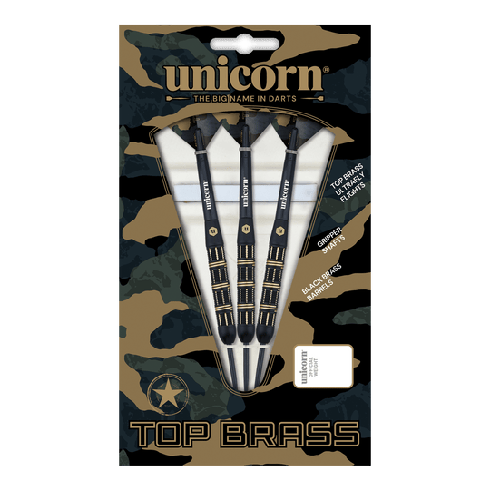Fléchettes en acier Unicorn Top Brass V3 - 21 g Auf dem Bild ist das Produkt „Unicorn Top Brass V3 Steeldarts - 21g“ zu sehen. Die Verpackung enthält drei schwarze Darts mit goldenen Akzenten und weiß-schwarzen Flights.