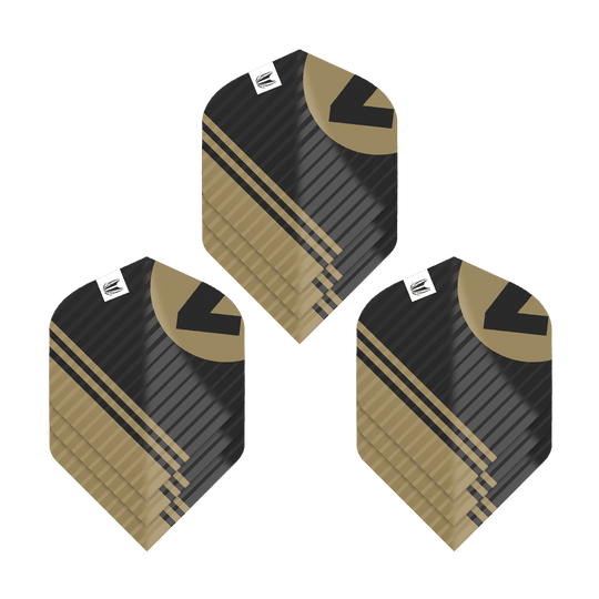 Das Bild zeigt drei Sets von Target Pro Ultra Chicane Black No2 Standard Flights. Die Flights sind schwarz mit goldenen Akzenten und haben ein modernes, gestreiftes Design.