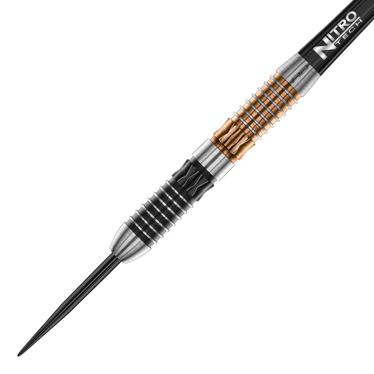 Fléchettes en acier Red Dragon Panterra Das Bild zeigt einen Red Dragon Panterra Steeldart. Der Dartpfeil hat ein auffälliges Design mit silbernen, schwarzen und goldenen Rillen am Barrel.
