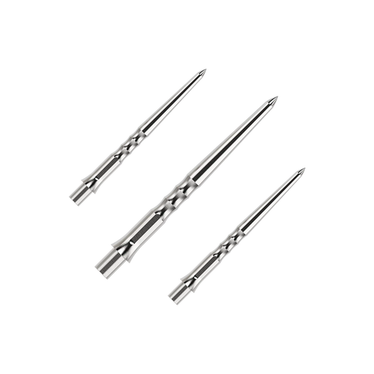 Das Bild zeigt einen Artikel mit dem Namen EVO011_Caliburn_Evo_System_Steeldartspitzen_Ripple_NoLip_Silber_28mm_1Set. Es handelt sich wahrscheinlich um ein Set aus silbernen Steeldartspitzen mit einer Länge von 28mm.