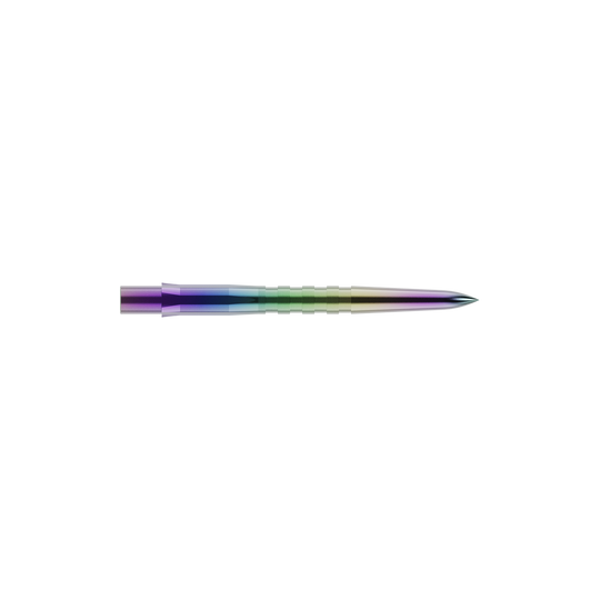 Embouts de fléchettes Mission Caliburn EVO - Rainurés - Corail Dies ist eine bunte, gerillte Steeldartspitze. Sie hat eine glänzende Oberfläche mit Farbverlauf und ist vorne spitz zulaufend.