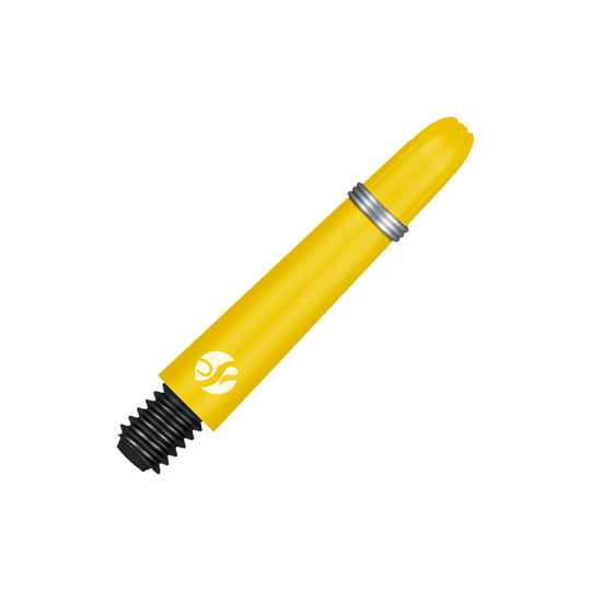 Tiges en carbone Shot Koi - Jaune Das Bild zeigt einen gelben Carbon-Schaft mit schwarzem Gewinde und silbernem Ring. Auf dem Schaft ist ein weißes Logo abgebildet.