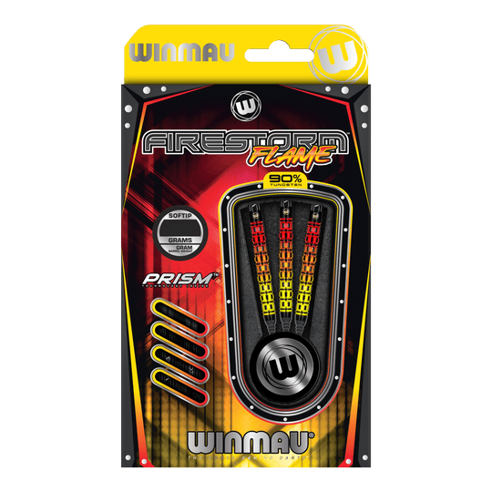 Fléchettes souples parallèles Winmau Firestorm Flame - 20 g Das Bild zeigt eine Verpackung der "Winmau Firestorm Flame Parallel Softdarts - 20g". In der Packung befinden sich drei farbenfrohe Softdarts mit 90% Tungsten-Anteil.