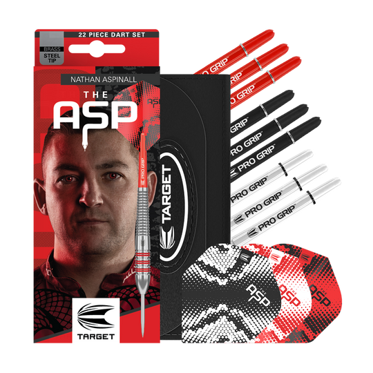 Fléchettes Target Nathan Aspinall en laiton et acier - 22 g Zu sehen sind die Target Nathan Aspinall Brass Steeldarts mit 22 Gramm Gewicht. Diese Darts sind ideal für präzises Steeldart-Spiel.