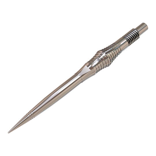 Pointes de fléchettes Harrows Quick Point Spire Elite Series - Argent Auf dem Bild sind einzelne silberne Dartspitzen zu sehen. Sie sind groß abgebildet und deutlich dargestellt.