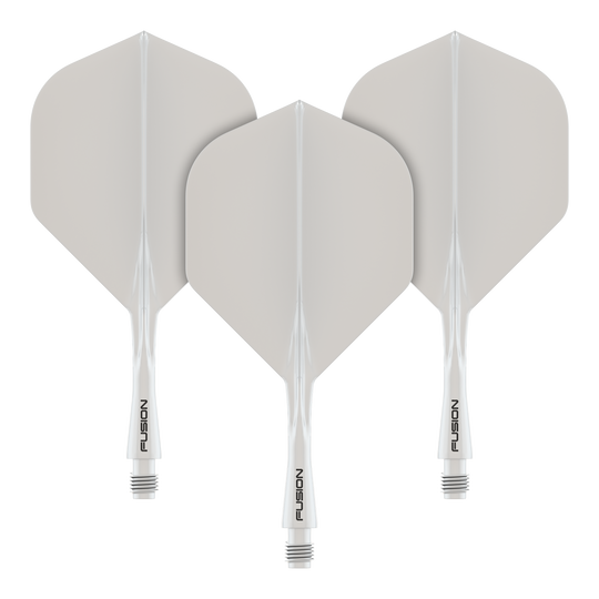 Système d'arbre de vol Winmau Fusion Standard Blanc Das Bild zeigt drei weiße Dartflights mit integrierten Schäften. Auf den Schäften steht das Wort „FUSION“.