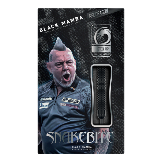 Dragon Rouge Peter Wright Morsure de Serpent Mamba Noir Steeldarts Red Dragon Peter Wright Snakebite Black Mamba Steeldarts, Nahaufnahme von mehreren Darts. Hochwertige Verarbeitung und modernes Design.