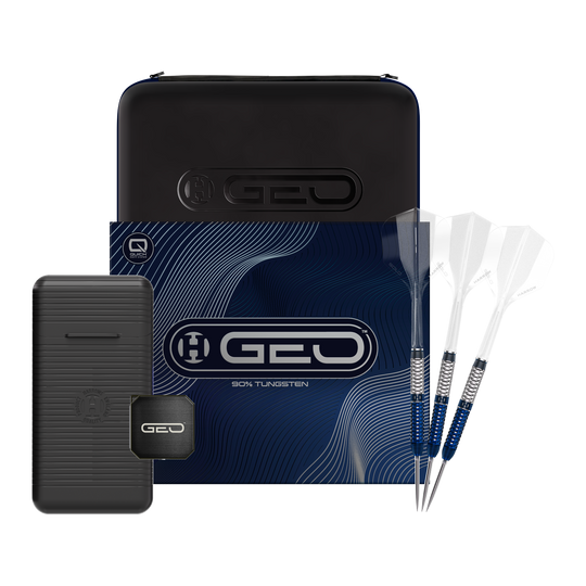 Abgebildet sind die Harrows GEO Parallel Quick Point Steeldarts. Das komplette Set ist auf dem Bild zu sehen.