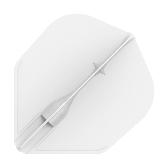 Vols L-L-Style3EZ Das Bild zeigt ein weißes Dartflight in einer einfachen, geometrischen Form. In der Mitte verläuft ein feiner, strukturierter Streifen mit einem kleinen Sternmotiv.