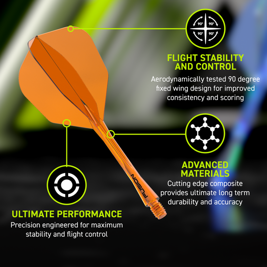 Système d'arbre de vol Winmau Fusion n° 6 Orange fluo Abgebildet ist das Winmau Fusion Flight-Shaft-System No6 Neon Orange. Dieses Dartzubehör verbindet Flight und Shaft in einem Teil.