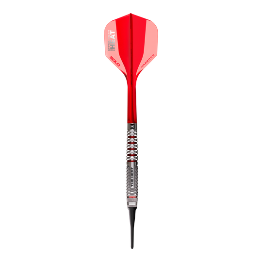 Harrows Damon Heta Geo Softdarts mit 18g sind einzeln zu sehen. Die Darts sind metallisch gehalten.