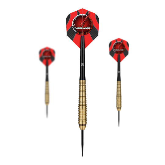 Fléchettes en acier Shot Redline Mach 1 Das Bild zeigt drei Steeldarts des Produkts "Shot Redline Mach 1". Die Darts haben rote Flights mit einem Logo und goldene Griffe.