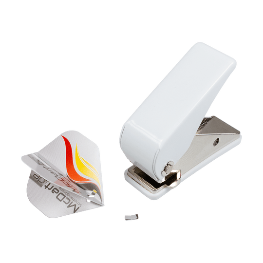 630-Flight-Locher-630-4 Auf dem Bild ist ein weißer Locher mit dem Namen "Flight Locher 630" zu sehen. Daneben liegt ein ausgestanztes Stück Papier mit einem bunten Aufdruck.