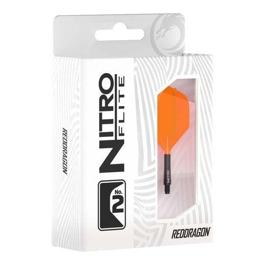 Red Dragon Nitroflite, tige noire, ailettes orange n° 2 Abgebildet ist Red Dragon Nitroflite Black Shaft Orange Flights No2. Der Dart hat einen schwarzen Schaft und orange Flights.