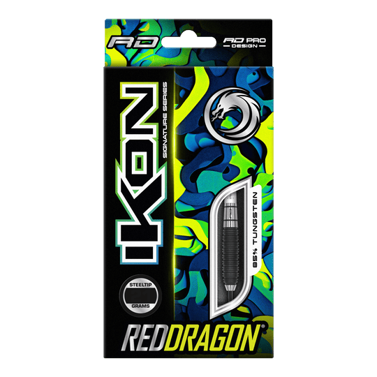 Fléchettes en acier Red Dragon Ikon 3 Auf dem Bild ist die Verpackung der "Red Dragon Ikon 3 Steeldarts" zu sehen. Die Packung ist bunt gestaltet und hebt hervor, dass die Darts aus 85% Tungsten bestehen.