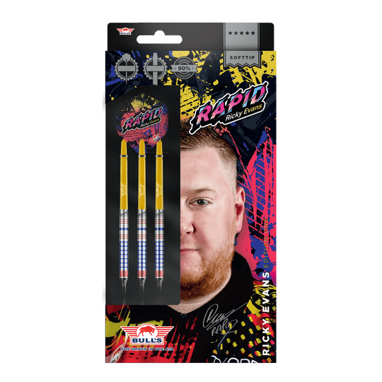 Bulls NL Ricky Evans Rapid Edition One Fléchettes souples - 20 g Das Bild zeigt die Verpackung der "Bulls NL Ricky Evans Rapid Edition One Softdarts - 20g". Auf der Verpackung sind drei Softdarts und ein Porträt von Ricky Evans abgebildet.