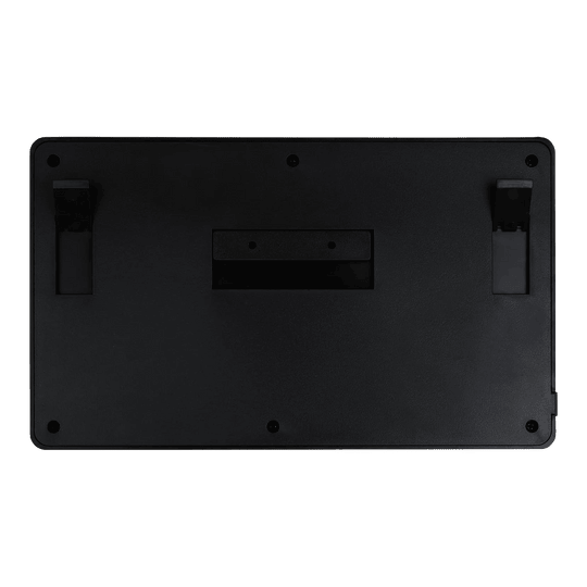 Compteur de fléchettes XQMax Dublin Das Bild zeigt die Rückseite des XQMax Dublin Dart Counter. Die Oberfläche ist schwarz mit zwei ausklappbaren Ständern und mehreren Befestigungspunkten.