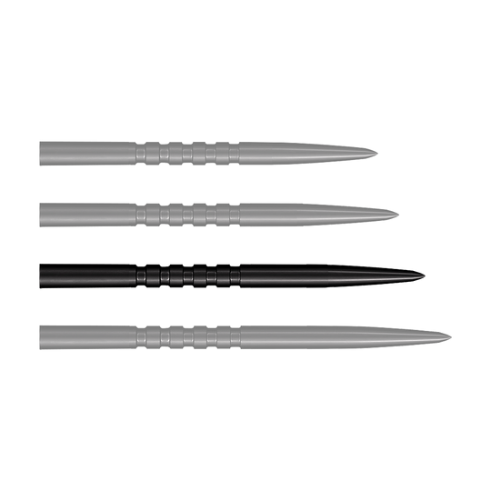 Pointes de fléchettes en acier Shot Grip Point - Noires Das Bild zeigt vier schwarze Stahlspitzen für Steeldarts, die nebeneinander liegen. Jede Spitze ist 38 mm lang und hat gerillte Griffzonen.
