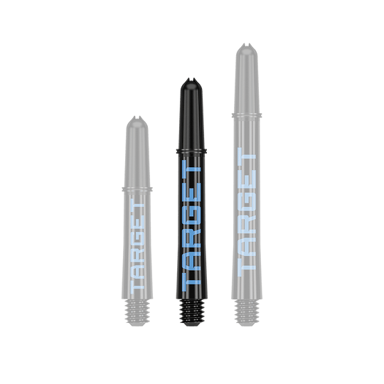 Tiges Target Pro Grip TAG - 3 jeux - Noir et bleu Das Bild zeigt drei schwarze Dartschäfte in unterschiedlicher Länge mit blauer Aufschrift "TARGET". Sie sind in einer Reihe nebeneinander angeordnet.