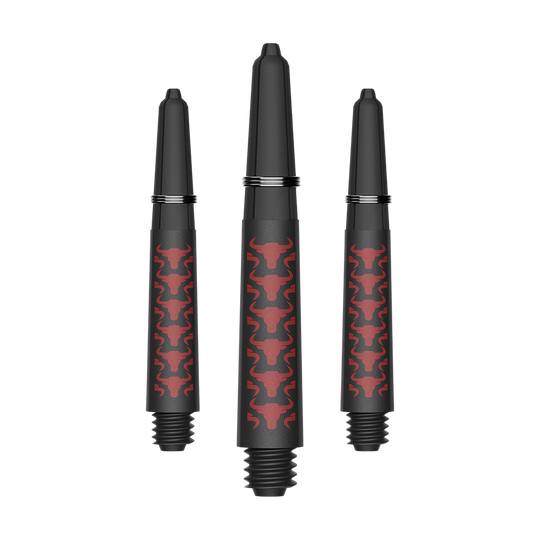Tiges en carbone Bulls NL Capo - Rouge Das Bild zeigt ein Set aus roten Capo Carbon Shafts mit einer kurzen Länge von 34mm. Es handelt sich um Zubehör für Dartpfeile.