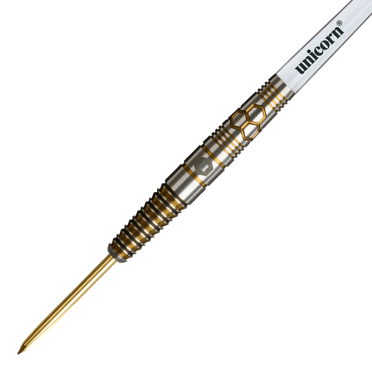 Fléchettes en acier Unicorn Hexium Style 03 or et noir Das Bild zeigt die Unicorn Hexium Style 03 Gold & Black Steeldarts. Die Steeldarts sind in goldener und schwarzer Farbe gestaltet.