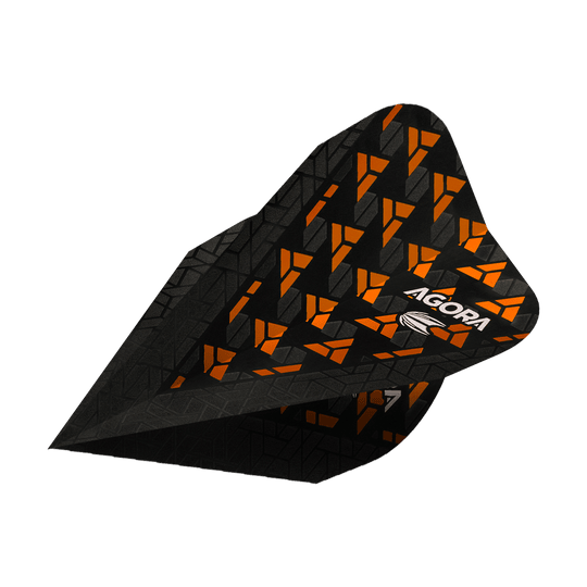 TG73_332670_Target_Agora_Ghost_Orange_Vapor_Flights_2 Das Bild zeigt ein Target Agora Ghost Orange Vapor Flight für Darts. Das Flight ist schwarz mit einem auffälligen orangenen Muster und dem Schriftzug "AGORA".
