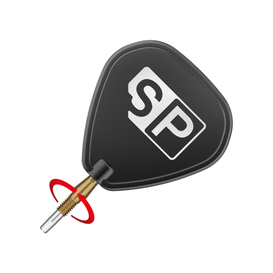 Pointes de fléchettes Target Swiss Storm Diamond Point - Or Das Bild zeigt eine schwarze Dartflügel mit der Aufschrift "SP" in weiß. Daran ist eine goldene Dartspitze befestigt.