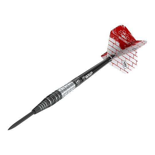 Fléchettes en acier Bulls Martin Schindler Original Generation 3 Das Bild zeigt einen Steeldartpfeil der Marke "Bulls Martin Schindler Original Generation 3". Der Dartpfeil hat eine schwarz-silberne Spitze und Flight mit rotem Mauer-Design.