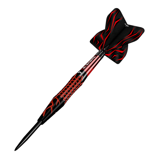 Fléchettes en acier Mission Lava Das Bild zeigt einen Mission Lava Steeldart mit schwarzem und rotem Design. Der Dartpfeil hat eine spitze Metallspitze und auffällige Flügel mit roten Mustern.