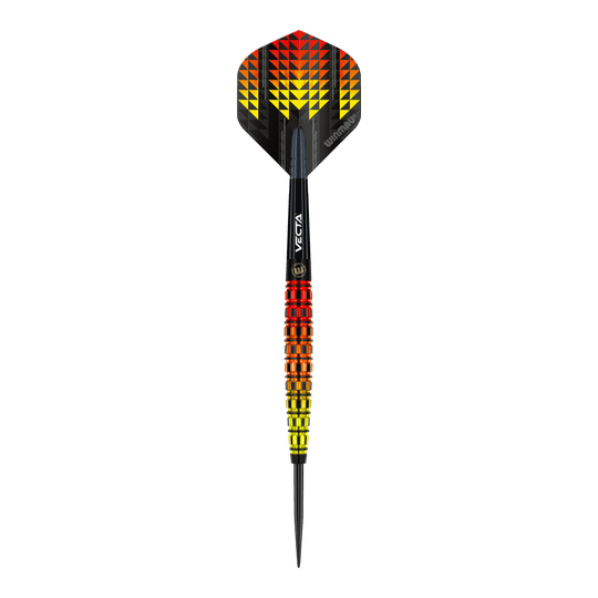 Fléchettes coniques en acier Winmau Firestorm Flame Der Winmau Firestorm Flame Tapered Steeldart hat ein auffälliges Design mit gelben, orangefarbenen und roten Farbverläufen. Die Flights zeigen ein geometrisches Muster in denselben Farben und geben dem Dart ein flammendes Aussehen.