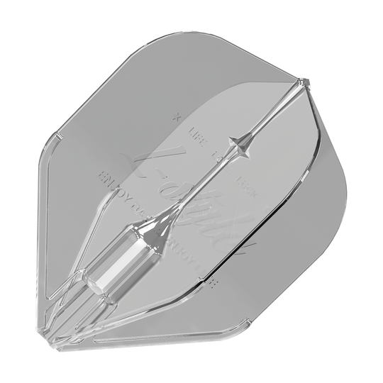 Vols Fantom L1EZ de style L clairs Das Bild zeigt ein transparentes Dartflight des Modells "L-Style Fantom L1EZ Flights Clear". Das Flight hat eine klare, glänzende Oberfläche und eine spezielle Form für Stabilität beim Werfen.