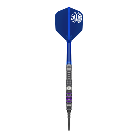 Fléchettes souples Target Japan Prime Series Sirius GEN4 - 21,5 g Auf dem Bild ist ein Softdart aus der Serie "Target Japan Prime Series Sirius GEN4" mit einem Gewicht von 21,5g zu sehen. Der Dart hat eine blaue Flight und einen schwarz-silbernen Schaft mit lila Akzenten.