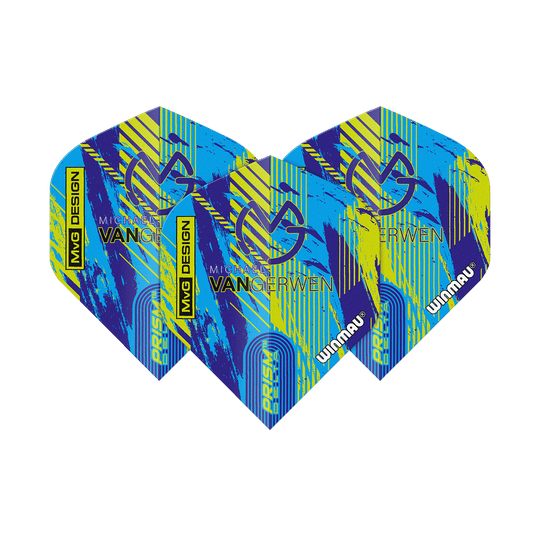 Winmau Delta Michael Van Gerwen Prism 04 Vols standard Das Bild zeigt die Winmau Delta Michael Van Gerwen Prism 04 Standard Flights. Sie haben ein farbenfrohes Design in Blau, Gelb und Schwarz mit dem Namen und Logo von Michael Van Gerwen.