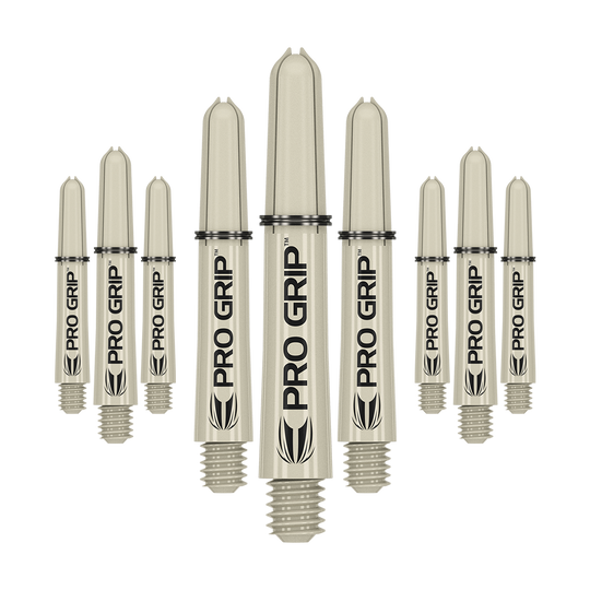 Tiges Target Pro Grip - 3 jeux - Sable Das Bild zeigt neun beige Dartschäfte mit der Aufschrift „PRO GRIP“. Sie sind in drei Reihen angeordnet, wobei die mittlere Reihe größer erscheint.