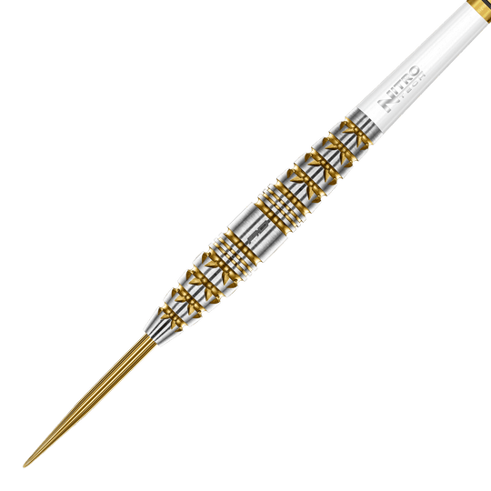 Das Foto zeigt die Red Dragon Paradym Gold Torpedo Steeldarts aus einer anderen Perspektive. Die Darts zeichnen sich durch ein elegantes, goldenes Design aus.