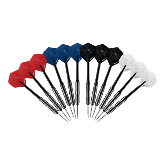 Bulls NL Lot de 4 fléchettes en acier laiton Abgebildet ist das Produkt Bulls NL Bundle Of Steel - 4 Sets Brass Steeldarts. Es sind vier Sätze Steeldarts aus Messing dargestellt.