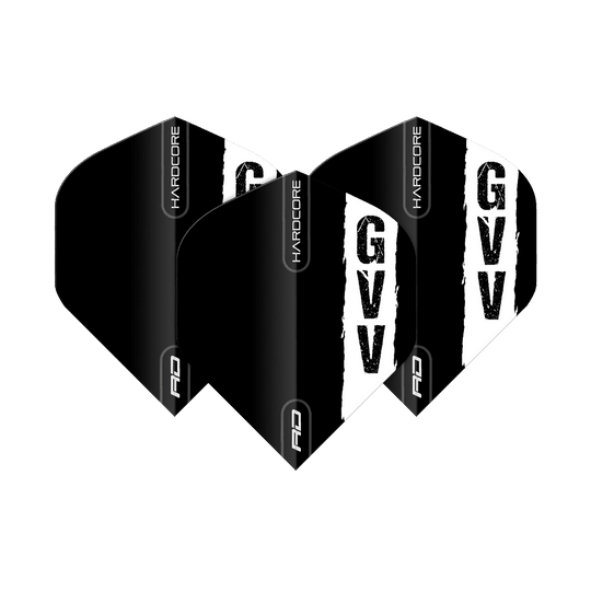 Vols standard Red Dragon Hardcore Gian Van Veen Black Logo Das Bild zeigt drei schwarze Dartflights mit dem weißen Aufdruck "GVV" und dem Schriftzug "HARDCORE". Es handelt sich um das Produkt "Red Dragon Hardcore Gian Van Veen Black Logo Standard Flights".