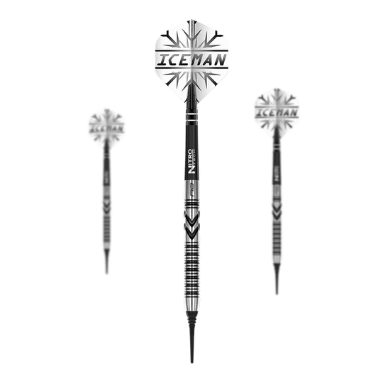 Red Dragon Gerwyn Price Fléchettes souples Thunderbolt - 20 g Das Bild zeigt drei Softdarts des Modells "Red Dragon Gerwyn Price Thunderbolt - 20g". Auf den Flights steht "ICEMAN" und die Darts haben ein schwarz-silbernes Design.