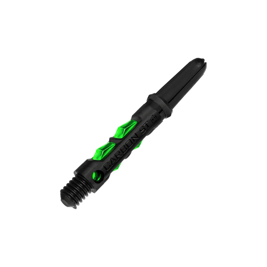 Das Bild zeigt einen Harrows Carbon ST Shaft in der Farbe Grün. Der Schaft besteht aus schwarzem Material mit auffälligen grünen Akzenten.
