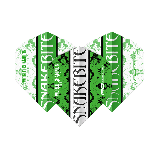 Dragon Rouge Peter Wright Morsure de Serpent Vert Blanc Yin Yang Vols Standard Das Bild zeigt drei Dart-Flights in den Farben Grün, Weiß und Schwarz mit der Aufschrift "Snakebite". Auf den Flights steht außerdem "World Champion Edition" und das Red Dragon Logo.