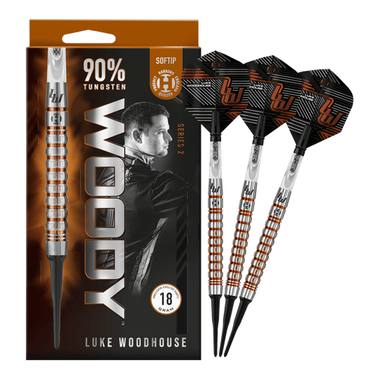 Fléchettes souples Harrow's Luke Woodhouse série 2 - 18 g Das Bild zeigt die Harrows Luke Woodhouse Series 2 Softdarts mit einem Gewicht von 18 Gramm. Die Verpackung hebt hervor, dass die Darts zu 90 % aus Tungsten bestehen und für Softtip-Spiele geeignet sind.