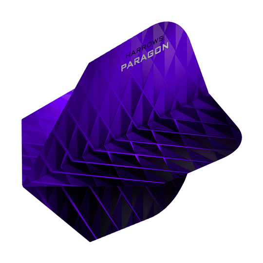 Das Bild zeigt das Produkt "Harrows Paragon Purple No2 Standard Flights". Die Dart-Flights sind in einem auffälligen lila Farbton mit geometrischem Muster gestaltet.