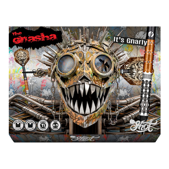 Auf dem Bild befinden sich die Shot Gnarly Gnasha Softdarts - 20g. Die Darts sind für das Spielen mit elektronischen Dartboards geeignet.