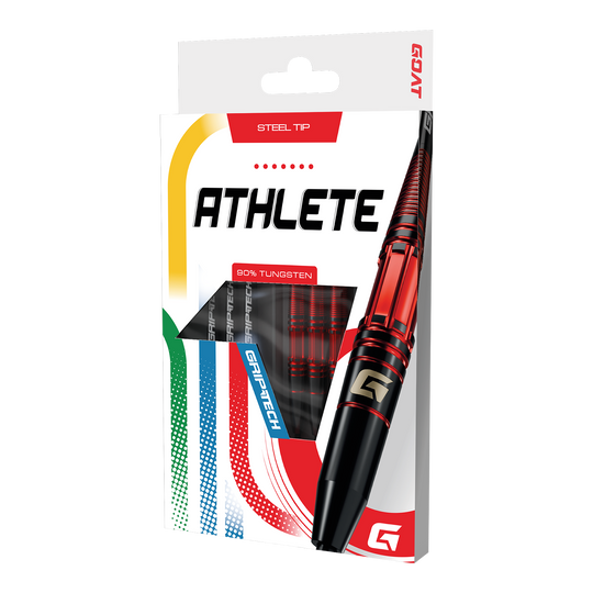 Fléchettes GOAT Athlete en acier tungstène rouge Auf dem Bild sind die GOAT Athlete Red Tungsten Steeldarts zu sehen. Sie zeichnen sich durch ein sportliches Aussehen aus.
