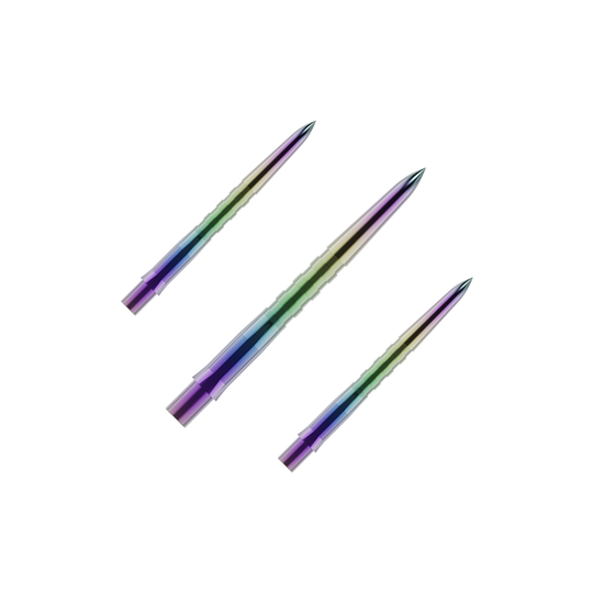 Embouts de fléchettes Mission Caliburn EVO - Rainurés - Corail Auf dem Bild sind drei bunte, gerillte Dartspitzen zu sehen. Sie haben eine glänzende Oberfläche mit violetten, grünen und blauen Farbverläufen.