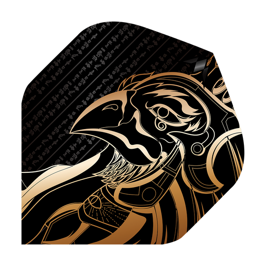 Mission Solo Horus No2 Vols Standard Das Bild zeigt das Produkt "Mission Solo Horus No2 Standard Flights" mit einem gold-schwarzen Design. Darauf ist ein stilisierter Horus-Kopf im ägyptischen Stil abgebildet.
