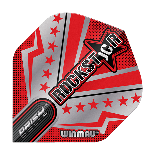 Vols standard Winmau Prism Delta Joe Cullen Rockstar Series n°2 Das Bild zeigt ein Dartflight mit auffälligem roten und silbernen Design und mehreren Sternen. In der Mitte steht groß das Wort „ROCKSTAR“ neben einem Stern, darunter befinden sich die Markenaufschriften „PRISM DELTA“ und „WINMAU“.