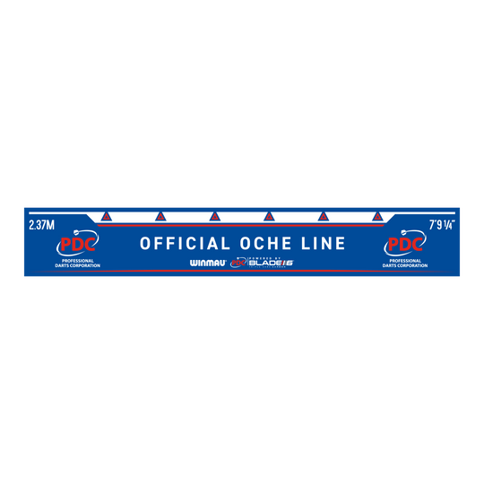Ligne de lancer Winmau PDC Das Bild zeigt die Winmau PDC Abwurflinie in Blau mit weißer Schrift. Auf der Linie steht „OFFICIAL OCHE LINE“ sowie die Entfernungsangaben 2,37 m und 7’9 1/4’’.